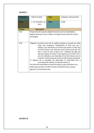 SESIÓN I

Profesor/a     Fátima Ciruelos           Área             Lenguaje y comunicación

Fecha          1 de Diciembre de         Hora             13:00
                       2011

Tiempo               Descripción
9:25         Preparación de la pizarra digital interactiva y de las actividades y
             páginas web que se van a utilizar a lo largo de esta sesión de nuevas
             tecnologías.


9:35         Elegimos la primera hora de la mañana porque es cuando los niños
                         están más receptivos. Proyectamos la ficha que voy a
                         explicar y los introduzco en el tema que vamos a tratar que
                         es el del número uno. Decimos unas cuantas cosas que son
                         solo 1, como la nariz, la boca, etc. Y después los digo que
                         hay que repasar el número 1 que aparezca en la ficha. Uno a
                         uno van saliendo y van haciendo el traz del número uno en
                         la pizarra. A ellos les gusta mucho y todos quieren participar
             El objetivo de la actividad era desarrollar la motricidad fina, y
                         concretamente realizar el trazo del número 1.
             Los niños han necesitado un poco de ayuda, ya que al presionar sus
             dedos para escribir en la PDI no tenían suficiente fuerza, aunque
             algunos si lo han hecho solos.




SESIÓN II



                                    36
 