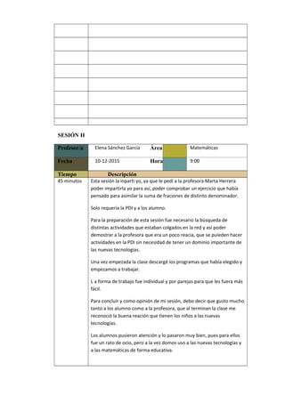            
           
           
           
           
           
           
SESIÓN II
Profesor/a Elena Sánchez García Área Matemáticas
Fecha 10-12-2015 Hora 9:00
Tiempo Descripción
45 minutos Esta sesión la inparti yo, ya que le pedí a la profesora Marta Herrera
poder impartirla yo para así, poder comprobar un ejercicio que había
pensado para asimilar la suma de fraciones de distinto denominador.
Solo requeria la PDI y a los alumno.
Para la preparación de esta sesión fue necesario la búsqueda de
distintas actividades que estaban colgados en la red y así poder
demostrar a la profesora que era un poco reacia, que se puieden hacer
actividades en la PDI sin necesidad de tener un dominio importante de
las nuevas tecnologías.
Una vez empezada la clase descargé los programas que había elegido y
empezamos a trabajar.
L a forma de trabajo fue individual y por parejas para que les fuera más
fácil.
Para concluir y como opinión de mi sesión, debo decir que gusto mucho
tanto a los alumno como a la profesora, que al terminan la clase me
reconoció la buena reación que tienen los niños a las nuevas
tecnologías.
Los alumnos pusieron atención y lo pasaron muy bien, pues para ellos
fue un rato de ocio, pero a la vez domos uso a las nuevas tecnologías y
a las matemáticas de forma educativa.
 