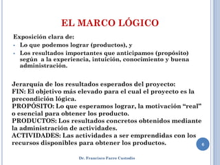 EL MARCO LÓGICO
Exposición clara de:
 Lo que podemos lograr (productos), y
 Los resultados importantes que anticipamos (propósito)
  según a la experiencia, intuición, conocimiento y buena
  administración.


Jerarquía de los resultados esperados del proyecto:
FIN: El objetivo más elevado para el cual el proyecto es la
precondición lógica.
PROPÓSITO: Lo que esperamos lograr, la motivación “real”
o esencial para obtener los producto.
PRODUCTOS: Los resultados concretos obtenidos mediante
la administración de actividades.
ACTIVIDADES: Las actividades a ser emprendidas con los
recursos disponibles para obtener los productos.            6


                     Dr. Francisco Farro Custodio
 