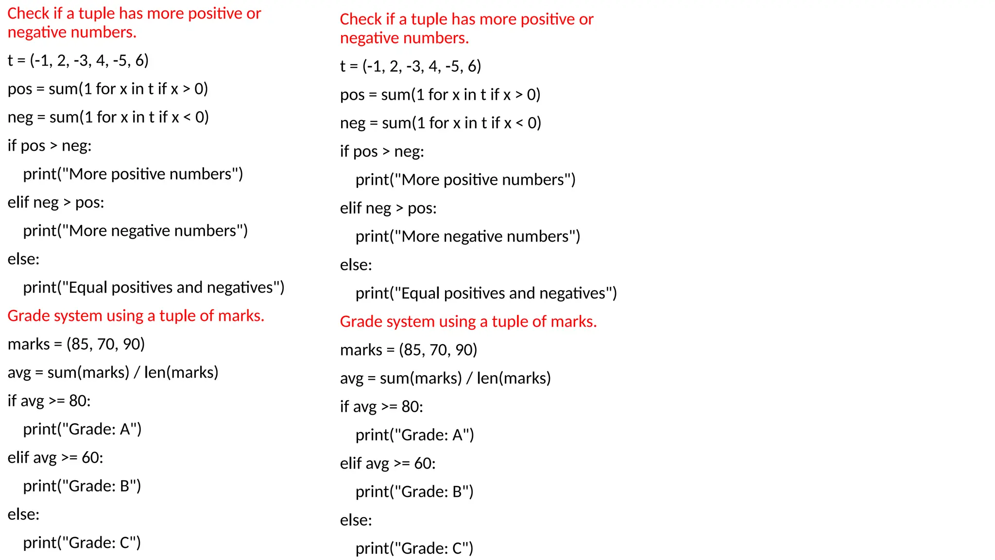 Check if a tuple has more positive or
negative numbers.
t = (-1, 2, -3, 4, -5, 6)
pos = sum(1 for x in t if x > 0)
neg = sum(1 for x in t if x < 0)
if pos > neg:
print("More positive numbers")
elif neg > pos:
print("More negative numbers")
else:
print("Equal positives and negatives")
Grade system using a tuple of marks.
marks = (85, 70, 90)
avg = sum(marks) / len(marks)
if avg >= 80:
print("Grade: A")
elif avg >= 60:
print("Grade: B")
else:
print("Grade: C")
Check if a tuple has more positive or
negative numbers.
t = (-1, 2, -3, 4, -5, 6)
pos = sum(1 for x in t if x > 0)
neg = sum(1 for x in t if x < 0)
if pos > neg:
print("More positive numbers")
elif neg > pos:
print("More negative numbers")
else:
print("Equal positives and negatives")
Grade system using a tuple of marks.
marks = (85, 70, 90)
avg = sum(marks) / len(marks)
if avg >= 80:
print("Grade: A")
elif avg >= 60:
print("Grade: B")
else:
print("Grade: C")
 