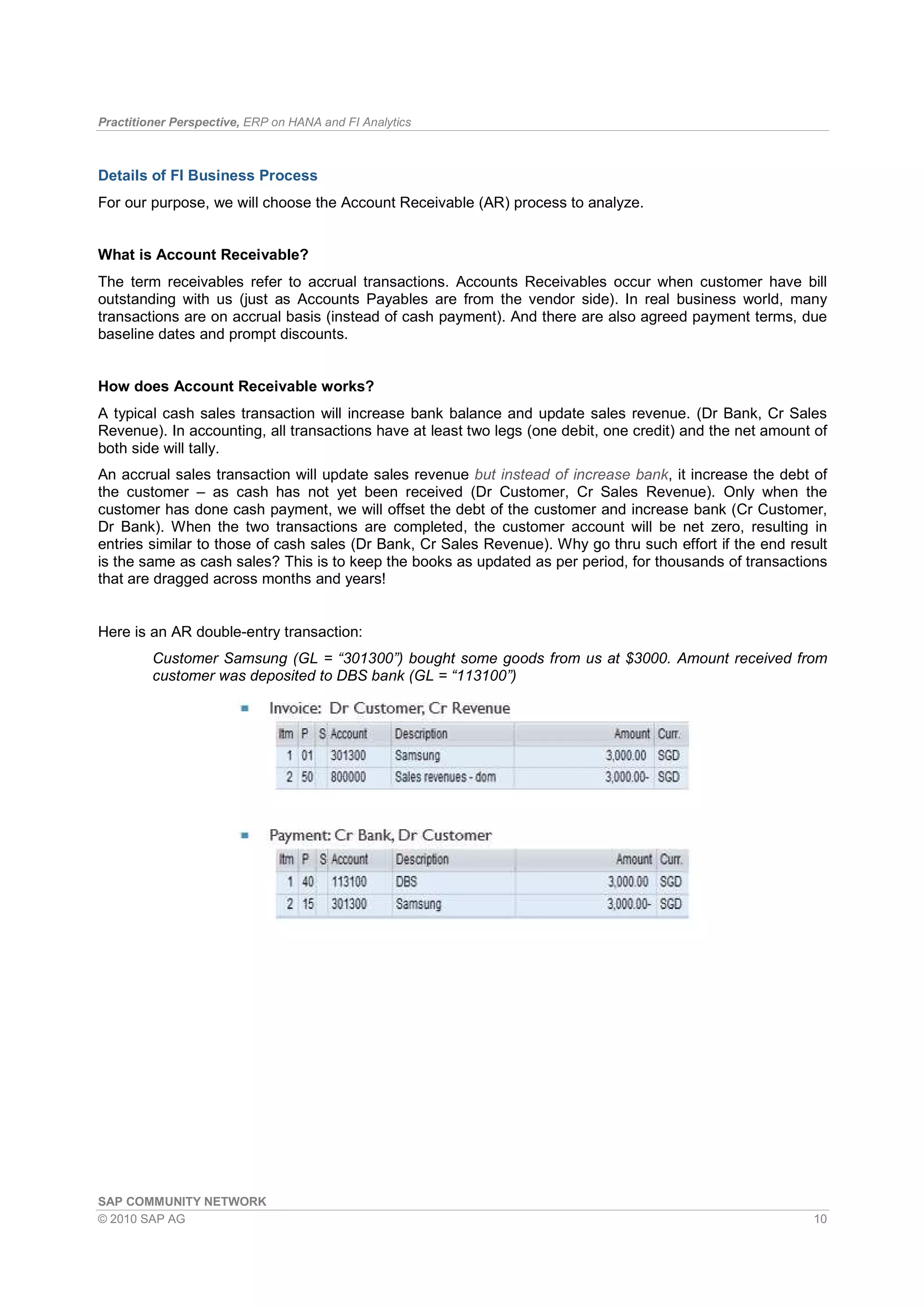 Practitioner Perspective, ERP on HANA and FI Analytics
SAP COMMUNITY NETWORK
© 2010 SAP AG 10
Details of FI Business Process
For our purpose, we will choose the Account Receivable (AR) process to analyze.
What is Account Receivable?
The term receivables refer to accrual transactions. Accounts Receivables occur when customer have bill
outstanding with us (just as Accounts Payables are from the vendor side). In real business world, many
transactions are on accrual basis (instead of cash payment). And there are also agreed payment terms, due
baseline dates and prompt discounts.
How does Account Receivable works?
A typical cash sales transaction will increase bank balance and update sales revenue. (Dr Bank, Cr Sales
Revenue). In accounting, all transactions have at least two legs (one debit, one credit) and the net amount of
both side will tally.
An accrual sales transaction will update sales revenue but instead of increase bank, it increase the debt of
the customer – as cash has not yet been received (Dr Customer, Cr Sales Revenue). Only when the
customer has done cash payment, we will offset the debt of the customer and increase bank (Cr Customer,
Dr Bank). When the two transactions are completed, the customer account will be net zero, resulting in
entries similar to those of cash sales (Dr Bank, Cr Sales Revenue). Why go thru such effort if the end result
is the same as cash sales? This is to keep the books as updated as per period, for thousands of transactions
that are dragged across months and years!
Here is an AR double-entry transaction:
Customer Samsung (GL = “301300”) bought some goods from us at $3000. Amount received from
customer was deposited to DBS bank (GL = “113100”)
 