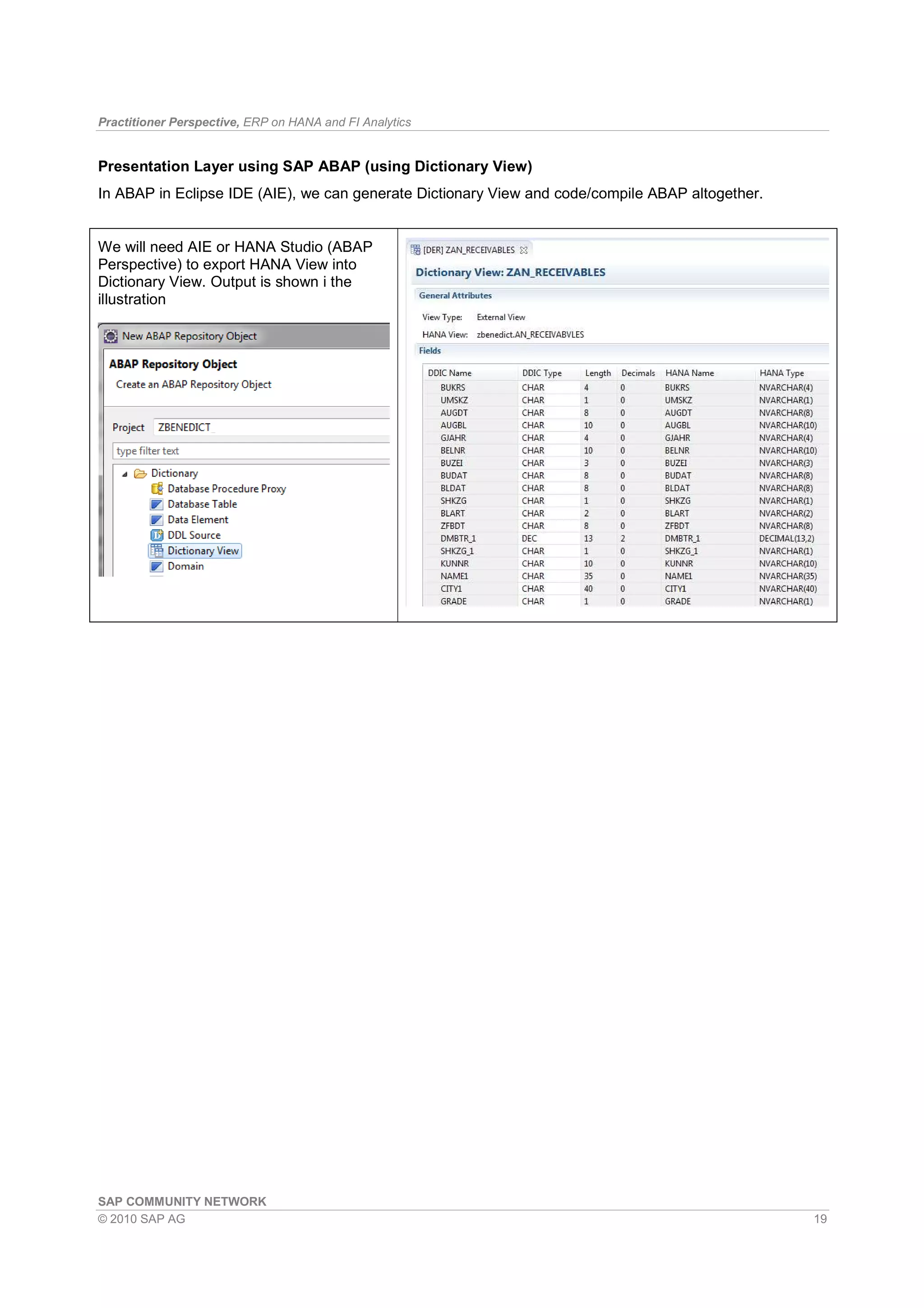 Practitioner Perspective, ERP on HANA and FI Analytics
SAP COMMUNITY NETWORK
© 2010 SAP AG 19
Presentation Layer using SAP ABAP (using Dictionary View)
In ABAP in Eclipse IDE (AIE), we can generate Dictionary View and code/compile ABAP altogether.
We will need AIE or HANA Studio (ABAP
Perspective) to export HANA View into
Dictionary View. Output is shown i the
illustration
 