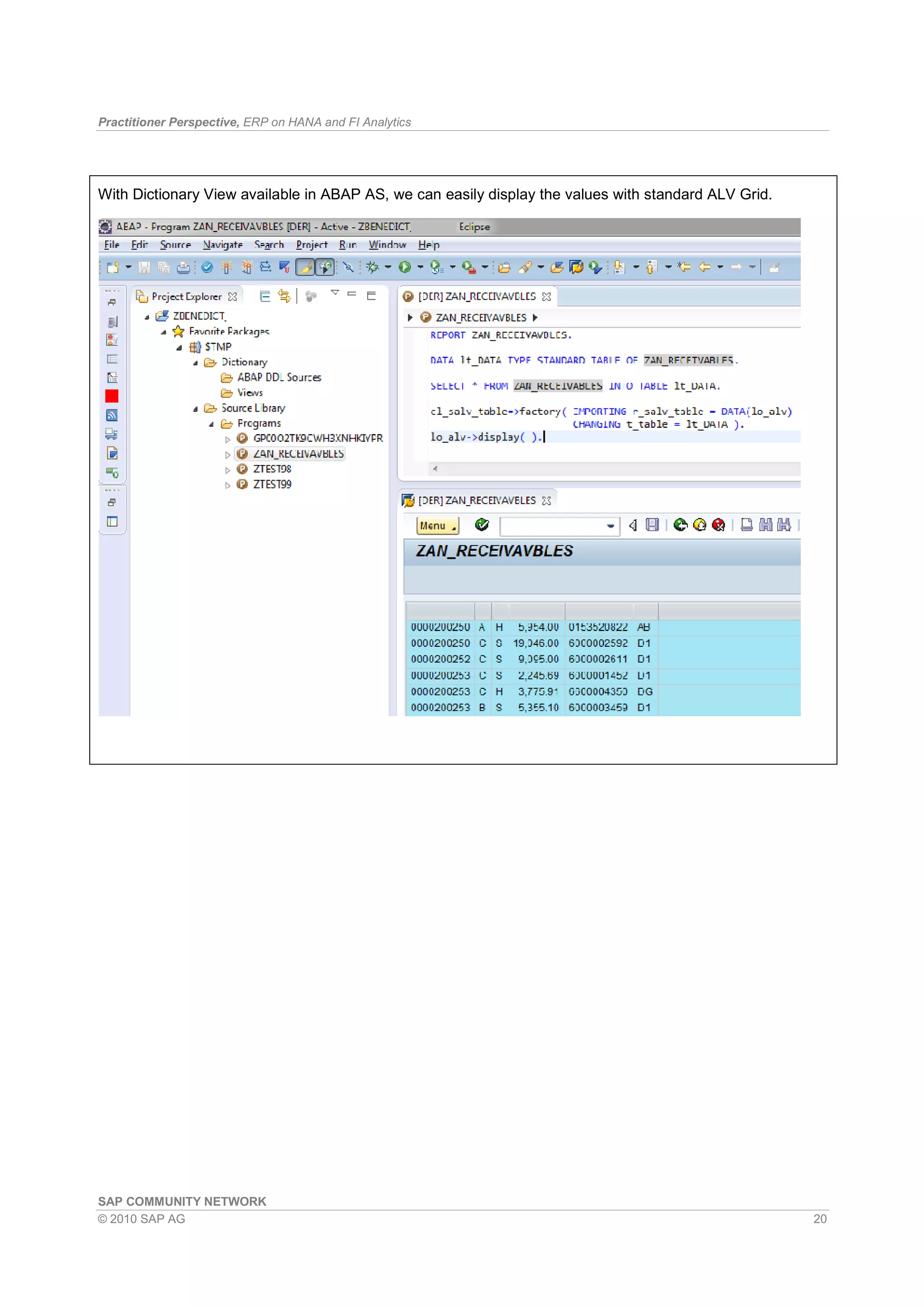 Practitioner Perspective, ERP on HANA and FI Analytics
SAP COMMUNITY NETWORK
© 2010 SAP AG 20
With Dictionary View available in ABAP AS, we can easily display the values with standard ALV Grid.
 