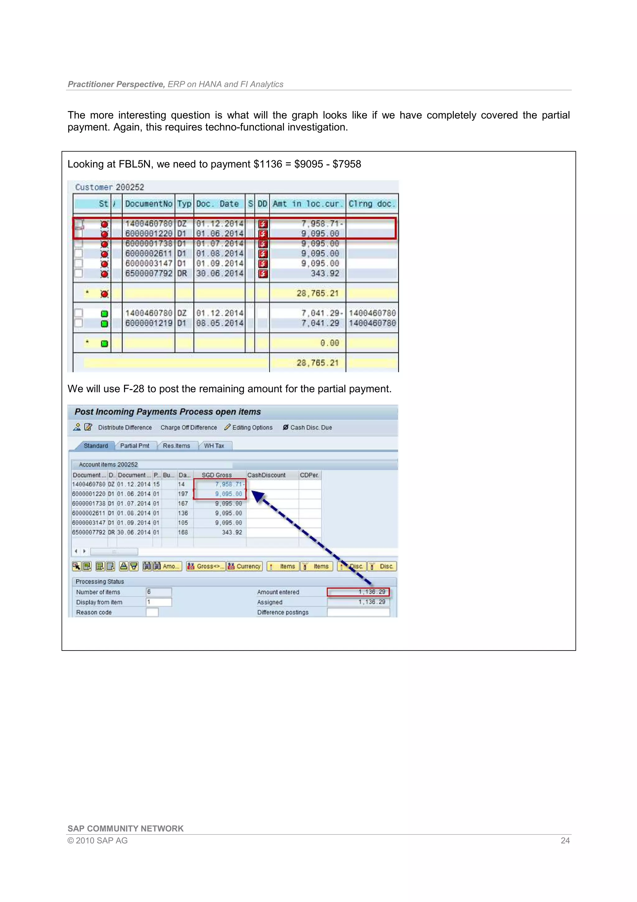 Practitioner Perspective, ERP on HANA and FI Analytics
SAP COMMUNITY NETWORK
© 2010 SAP AG 24
The more interesting question is what will the graph looks like if we have completely covered the partial
payment. Again, this requires techno-functional investigation.
Looking at FBL5N, we need to payment $1136 = $9095 - $7958
We will use F-28 to post the remaining amount for the partial payment.
 