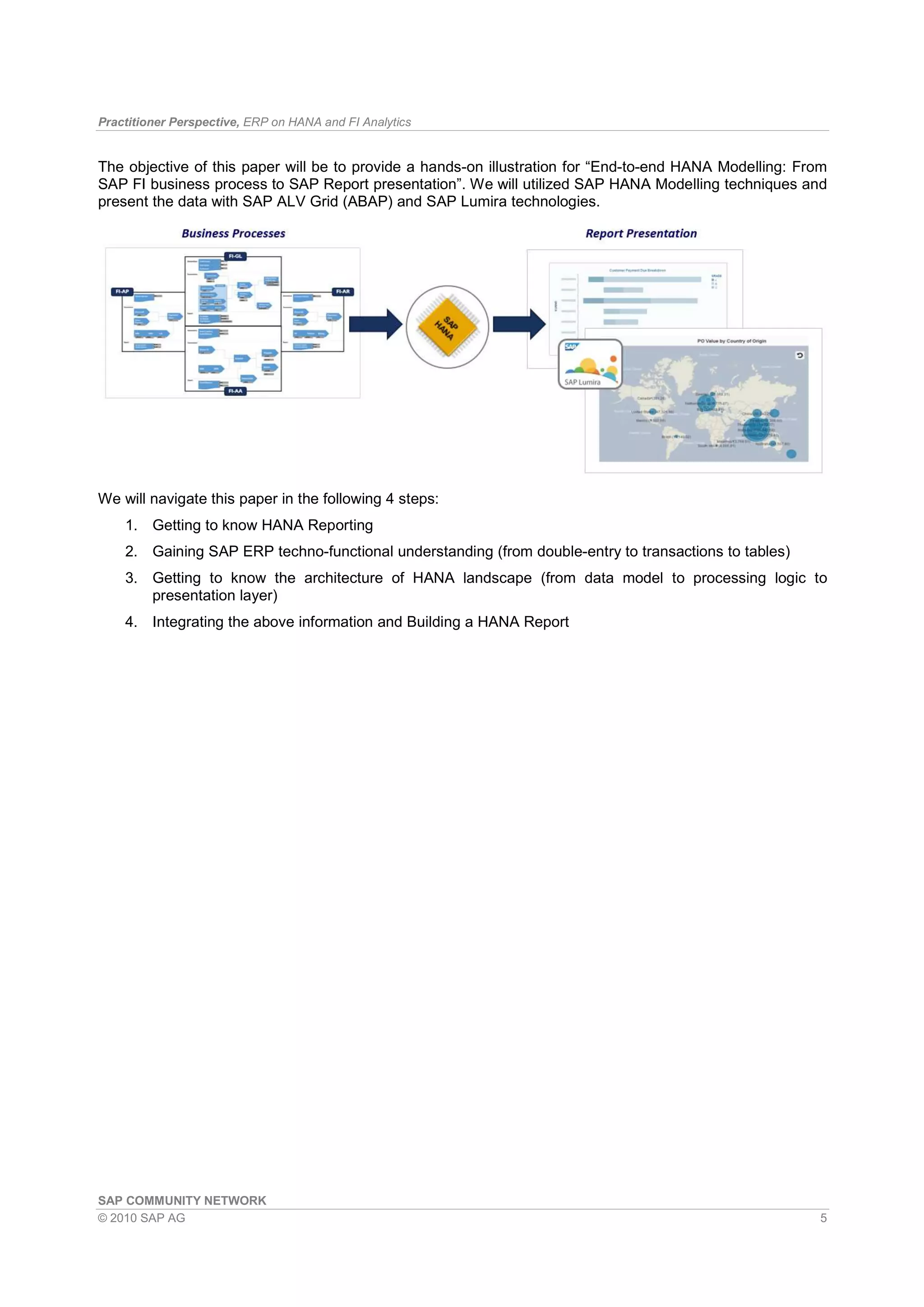 Practitioner Perspective, ERP on HANA and FI Analytics
SAP COMMUNITY NETWORK
© 2010 SAP AG 5
The objective of this paper will be to provide a hands-on illustration for “End-to-end HANA Modelling: From
SAP FI business process to SAP Report presentation”. We will utilized SAP HANA Modelling techniques and
present the data with SAP ALV Grid (ABAP) and SAP Lumira technologies.
We will navigate this paper in the following 4 steps:
1. Getting to know HANA Reporting
2. Gaining SAP ERP techno-functional understanding (from double-entry to transactions to tables)
3. Getting to know the architecture of HANA landscape (from data model to processing logic to
presentation layer)
4. Integrating the above information and Building a HANA Report
 