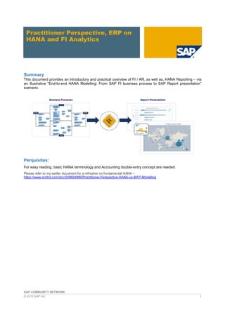 SAP COMMUNITY NETWORK
© 2010 SAP AG 1
Practitioner Perspective, ERP on
HANA and FI Analytics
Summary
This document provides an introductory and practical overview of FI / AR, as well as, HANA Reporting – via
an illustrative “End-to-end HANA Modelling: From SAP FI business process to SAP Report presentation”
scenario.
Perquisites:
For easy reading, basic HANA terminology and Accounting double-entry concept are needed.
Please refer to my earlier document for a refresher on fundamental HANA –
https://www.scribd.com/doc/248694989/Practitioner-Perspective-HANA-vs-BW7-Modelling
 