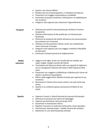 





Terapeuti








Medici
Infermieri








Sportivi









Gestire i casi ritenuti difficili
Rendere più viva la partecipazione, e il desiderio di imparare
Presentarsi con maggior autorevolezza e credibilità
Aumentare la propria creatività e motivazione e la soddisfazione
che ne deriva
Integrare nuovi approcci per velocizzare l’apprendimento

Utilizzare più canali di comunicazione per facilitare l’incontro
terapeutico
Ottenere informazioni di alta qualità per un intervento più
focalizzato
Diminuire le resistenze del cliente attraverso una comunicazione
più autentica con l’inconscio
Utilizzare ciò che presenta il cliente, anche non verbalmente,
come risorsa per la terapia
Integrare nuovi approcci per una maggior creatività e flessibilità
di intervento
Continuare il proprio percorso di miglioramento

Leggere tra le righe, anche con l’ausilio del non verbale, per
capire meglio i bisogni nascosti del cliente
Trasmettere più fiducia al cliente nelle sue capacità di migliorarsi
con la conseguente riduzione dei tempi e delle frequenze delle
visite
Presentarsi con maggiore credibilità per mobilitare più risorse nel
cliente e accelerare la guarigione
Offrire validi suggerimenti indiretti al cliente per superare le sue
resistenze
Riconoscere il cliente come essere umano, non solo come caso
clinico
Gestirsi in un ambiente spesso sovraccarico di fattori di non
salute

Superare i traumi e i blocchi derivati da insuccessi del passato
Silenziare le eventuali voci interne di sabotaggio
Superare più facilmente i presunti propri limiti
Aumentare la motivazione interna
Ripetere il successo in modo più continuativo, meno sporadico
Interiorizzare, facendo propri, i modelli vincenti dei campioni
Mantenersi in uno stato focalizzato ottimale

6

 
