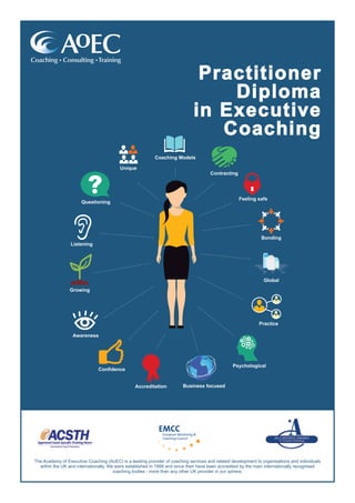 Confidence
Growing
Coaching Models
Questioning
Listening
Awareness
Accreditation
Contracting
Psychological
Unique
Business focused
Practice
Feeling safe
Global
Bonding
Practitioner
Diploma
in Executive
Coaching
The Academy of Executive Coaching (AoEC) is a leading provider of coaching services and related development to organisations and individuals
within the UK and internationally. We were established in 1999 and since then have been accredited by the main internationally recognised
coaching bodies - more than any other UK provider in our sphere.
EMCCEuropean Mentoring &
Coaching Council
 