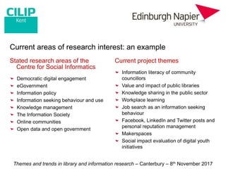 Themes and trends in library and information research – Canterbury – 8th November 2017
www.napier.ac.uk/iidi
Current areas...