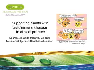 Dr Danielle Crida MBChB, Dip Nutr
Nutritionist, Igennus Healthcare Nutrition
1
Supporting clients with
autoimmune disease
in clinical practice
 
