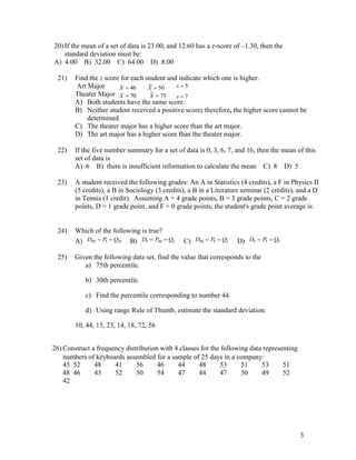 3
20) If the mean of a set of data is 23.00, and 12.60 has a z-score of –1.30, then the
standard deviation must be:
A) 4.00 B) 32.00 C) 64.00 D) 8.00
21) Find the z score for each student and indicate which one is higher.
Art Major X  46 X  50 s  5
Theater Major X  70 X  75 s  7
A) Both students have the same score.
B) Neither student received a positive score; therefore, the higher score cannot be
determined.
C) The theater major has a higher score than the art major.
D) The art major has a higher score than the theater major.
22) If the five number summary for a set of data is 0, 3, 6, 7, and 16, then the mean of this
set of data is
A) 6 B) there is insufficient information to calculate the mean C) 8 D) 5
23) A student received the following grades: An A in Statistics (4 credits), a F in Physics II
(5 credits), a B in Sociology (3 credits), a B in a Literature seminar (2 credits), and a D
in Tennis (1 credit). Assuming A = 4 grade points, B = 3 grade points, C = 2 grade
points, D = 1 grade point, and F = 0 grade points, the student's grade point average is:
24) Which of the following is true?
A) D P Q50 5 25  B) D P Q5 50 2  C) D P Q50 5 2  D) D P Q5 5 5 
25) Given the following data set, find the value that corresponds to the
a) 75th percentile.
b) 30th percentile.
c) Find the percentile corresponding to number 44.
d) Using range Rule of Thumb, estimate the standard deviation.
10, 44, 15, 23, 14, 18, 72, 56
26) Construct a frequency distribution with 4 classes for the following data representing
numbers of keyboards assembled for a sample of 25 days in a company:
45 52 48 41 56 46 44 48 53 51 53 51
48 46 43 52 50 54 47 44 47 50 49 52
42
 