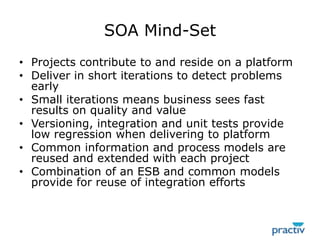 SOA Mind-SetProjects contribute to and reside on a platformDeliver in short iterations to detect problems earlySmall iterations means business sees fast results on quality and valueVersioning, integration and unit tests provide low regression when delivering to platformCommon information and process models are reused and extended with each projectCombination of an ESB and common models provide for reuse of integration efforts
