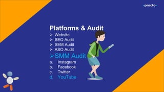 Platforms & Audit
 Website
 SEO Audit
 SEM Audit
 ASO Audit
SMM Audit
a. Instagram
b. Facebook
c. Twitter
d. YouTube
 