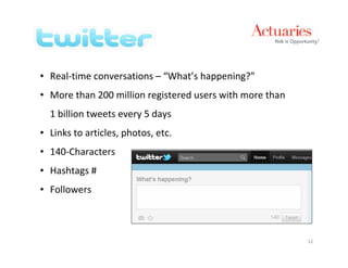 • Real-time conversations – “What’s happening?”
• More than 200 million registered users with more than
  1 billion tweets every 5 days
• Links to articles, photos, etc.
• 140-Characters
• Hashtags #
• Followers



                                                          12
 
