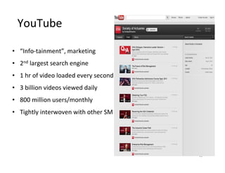 YouTube

• “Info-tainment”, marketing
• 2nd largest search engine
• 1 hr of video loaded every second
• 3 billion videos viewed daily
• 800 million users/monthly
• Tightly interwoven with other SM




                                      16
 