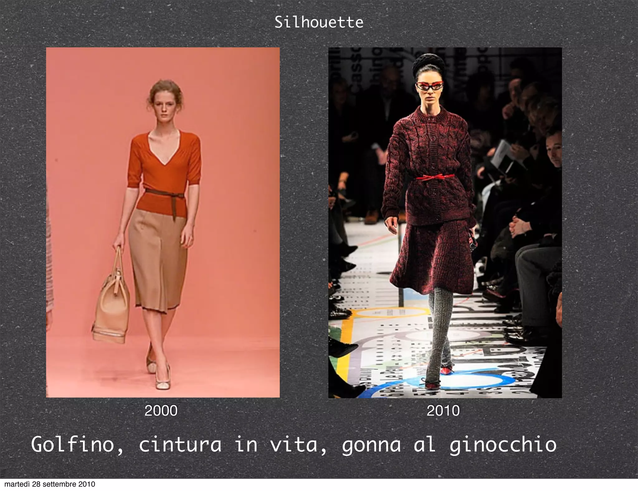 Silhouette
2000 2010
Golfino, cintura in vita, gonna al ginocchio
martedì 28 settembre 2010
 