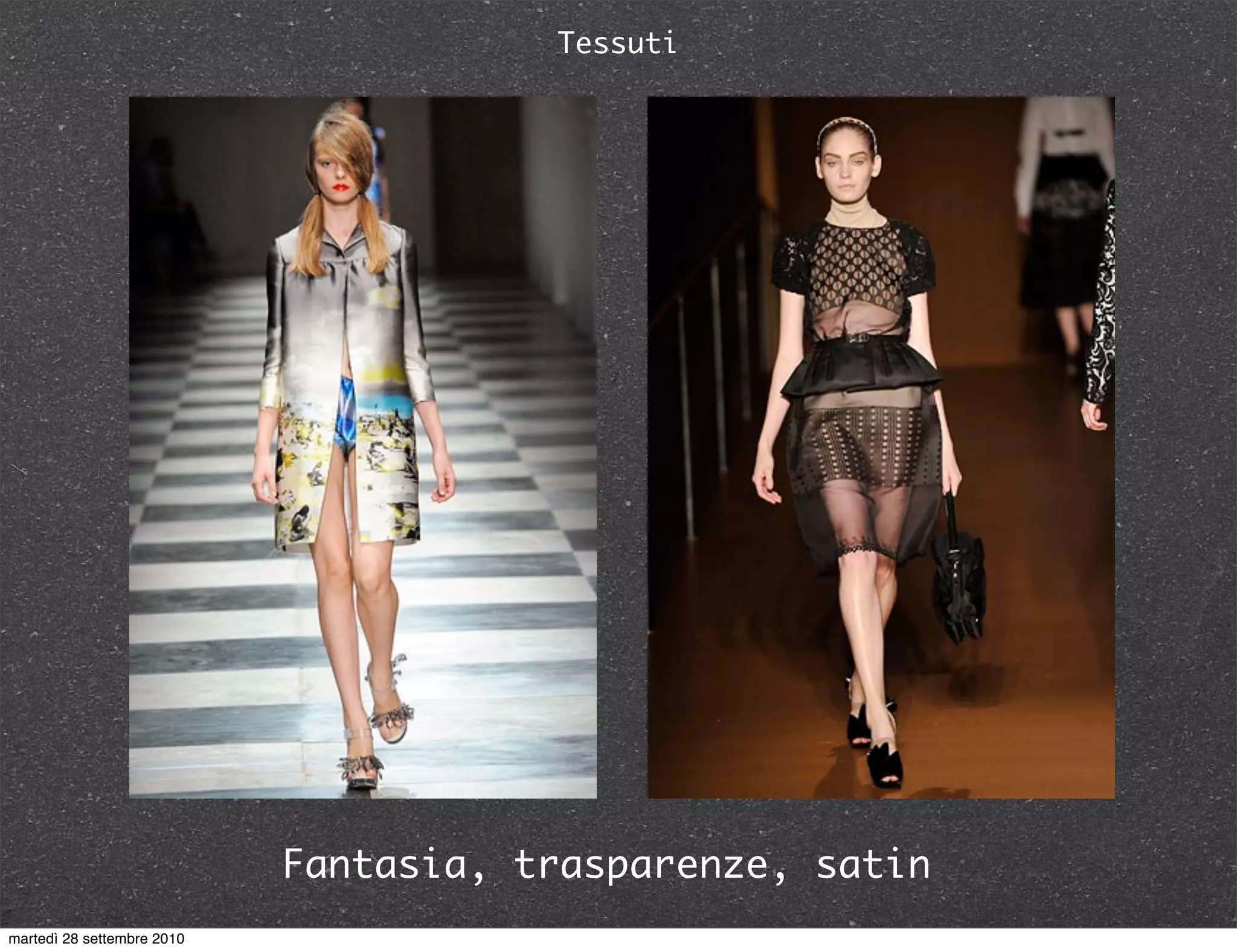 Tessuti
Fantasia, trasparenze, satin
martedì 28 settembre 2010
 