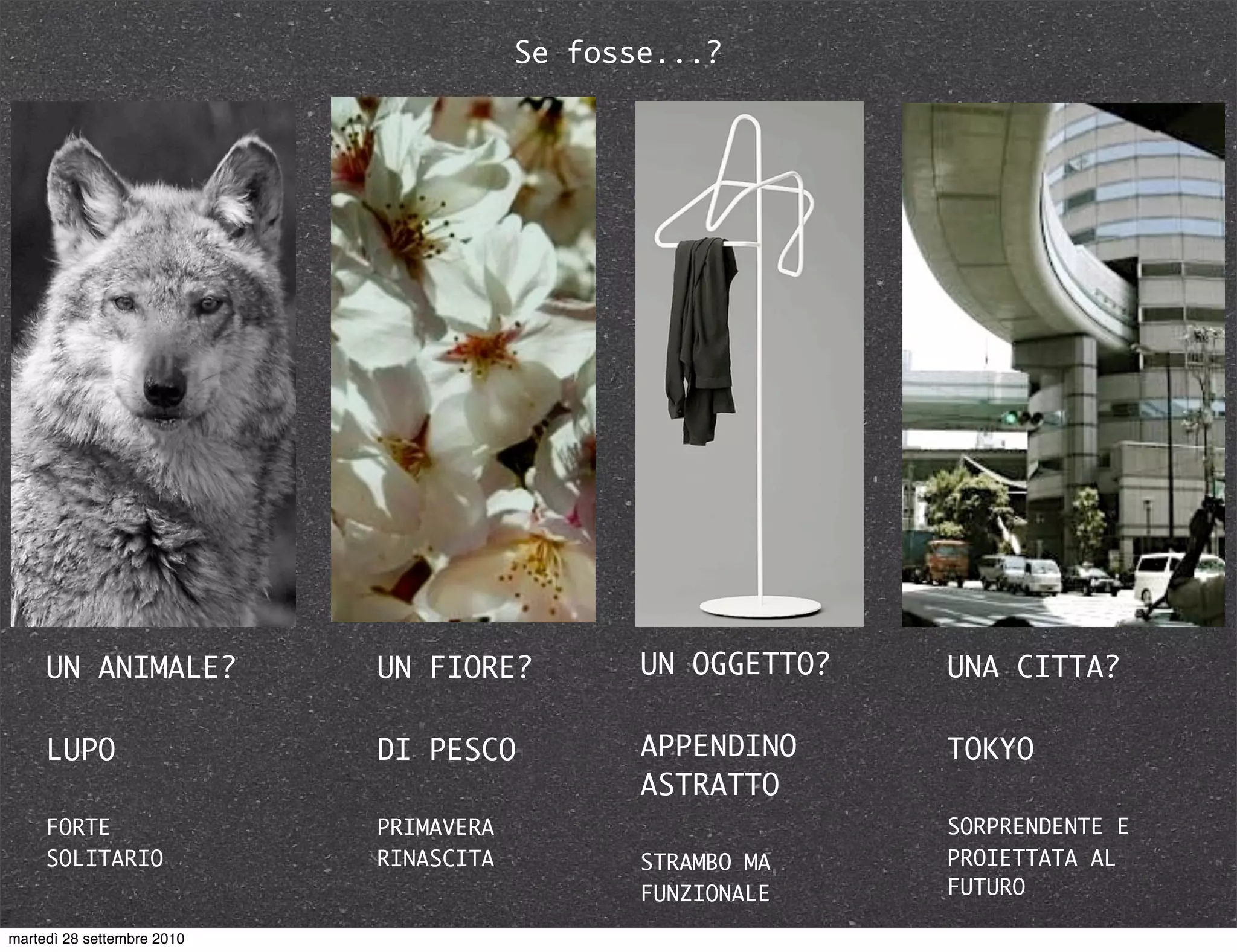 Se fosse...?
UN FIORE?
DI PESCO
PRIMAVERA
RINASCITA
UN OGGETTO?
APPENDINO
ASTRATTO
STRAMBO MA
FUNZIONALE
UNA CITTA?
TOKYO
SORPRENDENTE E
PROIETTATA AL
FUTURO
UN ANIMALE?
LUPO
FORTE
SOLITARIO
martedì 28 settembre 2010
 