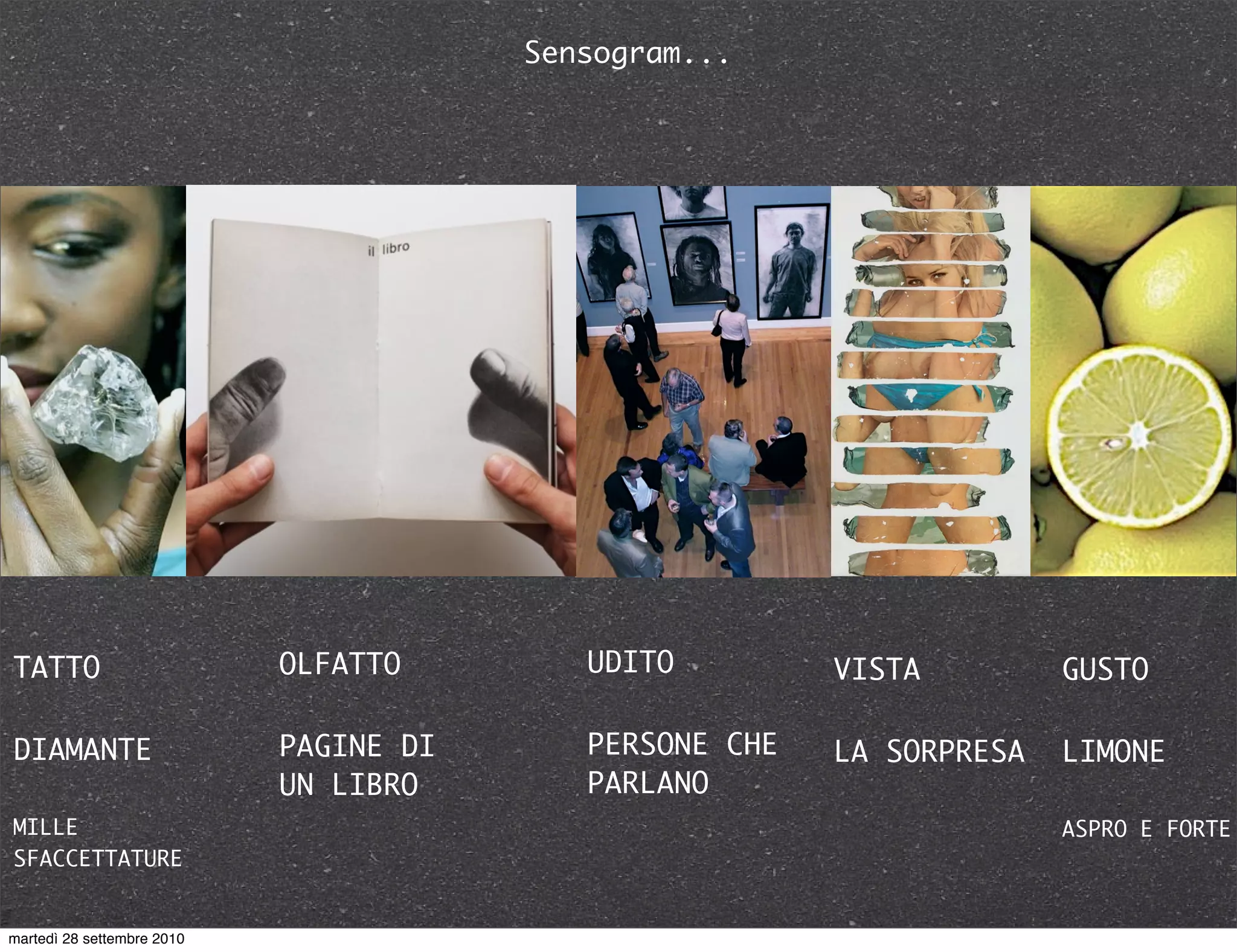 TATTO
DIAMANTE
MILLE
SFACCETTATURE
GUSTO
LIMONE
ASPRO E FORTE
VISTA
LA SORPRESA
UDITO
PERSONE CHE
PARLANO
OLFATTO
PAGINE DI
UN LIBRO
Sensogram...
martedì 28 settembre 2010
 