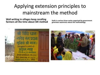 Applying extension principles to mainstream the methodWall writing in villages keep recalling farmers all the time about SRI methodStalls in various kisanmelasorganised by government generates awareness about the methodology