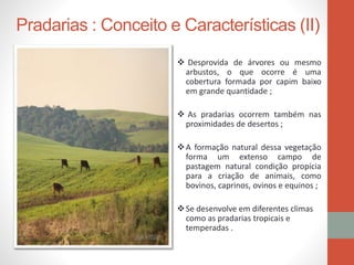 Pradarias : Conceito e Características (II)
 Desprovida de árvores ou mesmo
arbustos, o que ocorre é uma
cobertura formada por capim baixo
em grande quantidade ;
 As pradarias ocorrem também nas
proximidades de desertos ;
A formação natural dessa vegetação
forma um extenso campo de
pastagem natural condição propícia
para a criação de animais, como
bovinos, caprinos, ovinos e equinos ;
Se desenvolve em diferentes climas
como as pradarias tropicais e
temperadas .
 