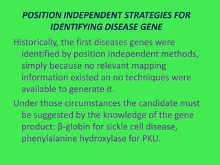 POSITION INDEPENDENT STRATEGIES FOR
        IDENTIFYING DISEASE GENE
Historically, the first diseases genes were
  identified by position independent methods,
  simply because no relevant mapping
  information existed an no techniques were
  available to generate it.
Under those circumstances the candidate must
  be suggested by the knowledge of the gene
  product: β-globin for sickle cell disease,
  phenylalanine hydroxylase for PKU.
 