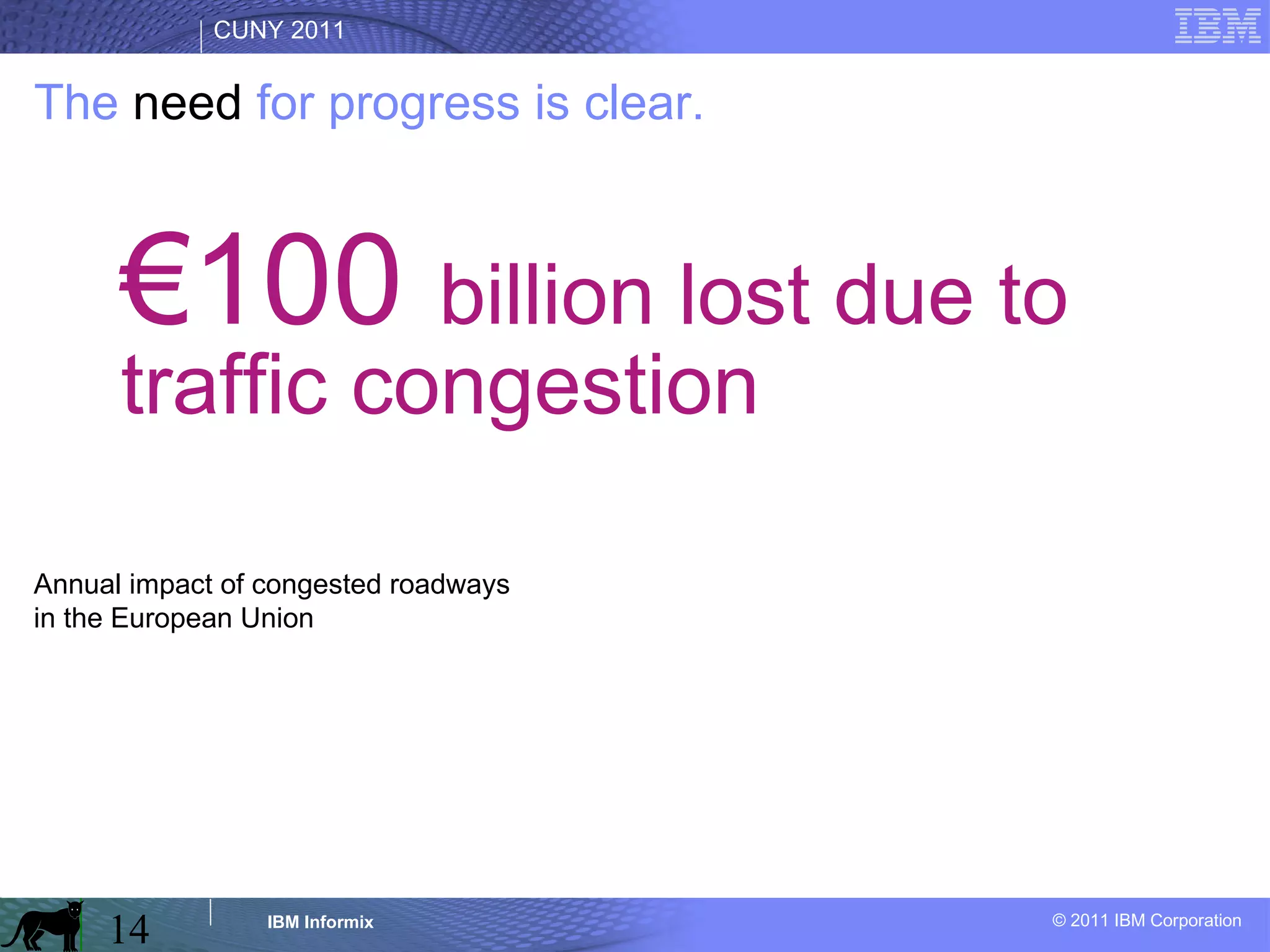 The  need   for progress is clear. Annual impact of congested roadways  in the European Union € 100  billion lost due to traffic congestion 