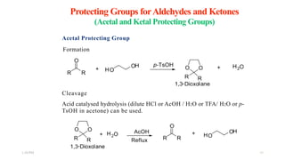 Protecting Groups forAldehydes and Ketones
(Acetal and Ketal Protecting Groups)
Acetal Protecting Group
Formation
Cleavage
Acid catalysed hydrolysis (dilute HCl or AcOH / H2O or TFA/ H2O or p-
TsOH in acetone) can be used.
1:56 PM 19
 