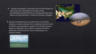  Estepa euroasiática. Conocida como La Gran Estepa, se
ubica entre los continentes de Europa y Asia,
extendiéndose desde Moldavia en Europa del Este hasta
Siberia, al norte de Rusia, a través de Ucrania y Hungría.
 Estepa norteamericana. Conocida como Las Grandes
Llanuras, se ubican desde el sur canadiense hasta el norte
de México, atravesando los estados de Colorado, Kansas,
Montana, Nebraska, Nuevo México, Dakota del Norte,
Oklahoma, Dakota del Sur, Texas y Wyoming en los
Estados Unidos.
 