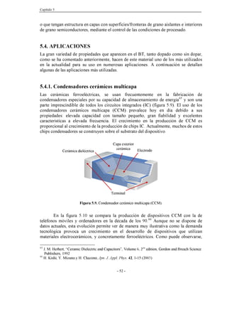 Capítulo 5
- 52 -
o que tengan estructura en capas con superficies/fronteras de grano aislantes e interiores
de grano semiconductores, mediante el control de las condiciones de procesado.
5.4. APLICACIONES
La gran variedad de propiedades que aparecen en el BT, tanto dopado como sin dopar,
como se ha comentado anteriormente, hacen de este material uno de los más utilizados
en la actualidad para su uso en numerosas aplicaciones. A continuación se detallan
algunas de las aplicaciones más utilizadas.
5.4.1. Condensadores cerámicos multicapa
Las cerámicas ferroeléctricas, se usan frecuentemente en la fabricación de
condensadores especiales por su capacidad de almacenamiento de energía65
y son una
parte imprescindible de todos los circuitos integrados (IC) (figura 5.9). El uso de los
condensadores cerámicos multicapa (CCM) prevalece hoy en día debido a sus
propiedades: elevada capacidad con tamaño pequeño, gran fiabilidad y excelentes
características a elevada frecuencia. El crecimiento en la producción de CCM es
proporcional al crecimiento de la producción de chips IC. Actualmente, muchos de estos
chips condensadores se construyen sobre el substrato del dispositivo.
Figura 5.9. Condensador cerámico multicapa (CCM).
En la figura 5.10 se compara la producción de dispositivos CCM con la de
teléfonos móviles y ordenadores en la década de los 90.66
Aunque no se dispone de
datos actuales, esta evolución permite ver de manera muy ilustrativa como la demanda
tecnológica provoca un crecimiento en el desarrollo de dispositivos que utilizan
materiales electrocerámicos, y concretamente ferroeléctricos. Como puede observarse,
65
J. M. Herbert, “Ceramic Dielectric and Capacitors”, Volume 6, 2on
edition, Gordon and Breach Science
Publishers, 1992
66
H. Kishi, Y. Mizuno y H. Chazono, Jpn. J. Appl. Phys. 42, 1-15 (2003)
Terminal
Electrodo
Cerámica dieléctrica
Capa exterior
cerámica
 