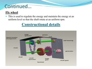 Continued…
Fly wheel
 This is used to regulate the energy and maintain the energy at an
uniform level so that the shaft rotate at an uniform rpm.
Constructional details
 