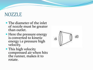 NOZZLE
 The diameter of the inlet
of nozzle must be greater
than outlet.
 Here the pressure energy
is converted to kinetic
energy i.e pressure high
velocity.
 This high velocity
compressed air when hits
the runner, makes it to
rotate.
 
