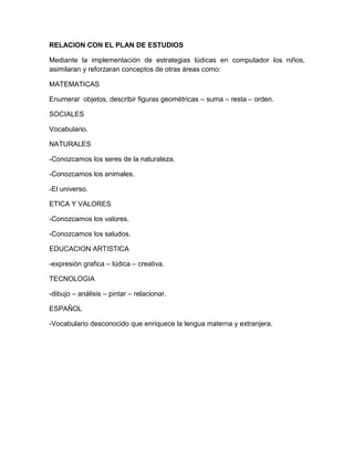 RELACION CON EL PLAN DE ESTUDIOS

Mediante la implementación de estrategias lúdicas en computador los niños,
asimilaran y reforzaran conceptos de otras áreas como:

MATEMATICAS

Enumerar objetos, describir figuras geométricas – suma – resta – orden.

SOCIALES

Vocabulario.

NATURALES

-Conozcamos los seres de la naturaleza.

-Conozcamos los animales.

-El universo.

ETICA Y VALORES

-Conozcamos los valores.

-Conozcamos los saludos.

EDUCACION ARTISTICA

-expresión grafica – lúdica – creativa.

TECNOLOGIA

-dibujo – análisis – pintar – relacionar.

ESPAÑOL

-Vocabulario desconocido que enriquece la lengua materna y extranjera.
 