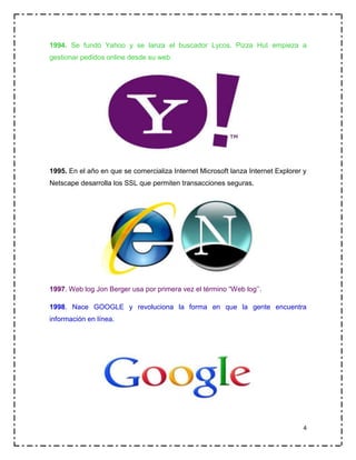 1994. Se fundó Yahoo y se lanza el buscador Lycos. Pizza Hut empieza a
gestionar pedidos online desde su web.

1995. En el año en que se comercializa Internet Microsoft lanza Internet Explorer y
Netscape desarrolla los SSL que permiten transacciones seguras.

1997. Web log Jon Berger usa por primera vez el término “Web log’’.
1998. Nace GOOGLE y revoluciona la forma en que la gente encuentra
información en línea.

4

 