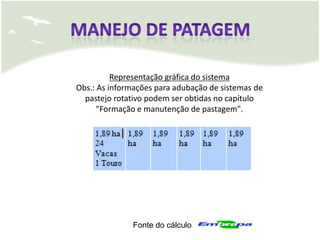 Representação gráfica do sistema
Obs.: As informações para adubação de sistemas de
  pastejo rotativo podem ser obtidas no capítulo
      "Formação e manutenção de pastagem".




              Fonte do cálculo
 