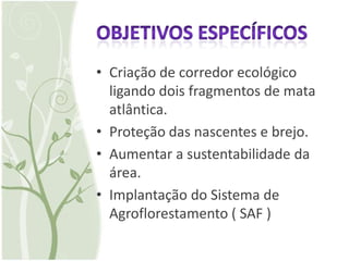• Criação de corredor ecológico
  ligando dois fragmentos de mata
  atlântica.
• Proteção das nascentes e brejo.
• Aumentar a sustentabilidade da
  área.
• Implantação do Sistema de
  Agroflorestamento ( SAF )
 