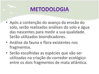 • Após a contenção do avanço da erosão do
  solo, serão realizadas análises do solo e água
  das nascentes para medir a sua qualidade.
  Serão utilizados bioindicadores.
• Análise da fauna e flora existentes nos
  fragmentos.
• Serão escolhidas as espécies que vão ser
  utilizadas na criação do corredor ecológico
  entre os dois fragmentos de mata atlântica.
 