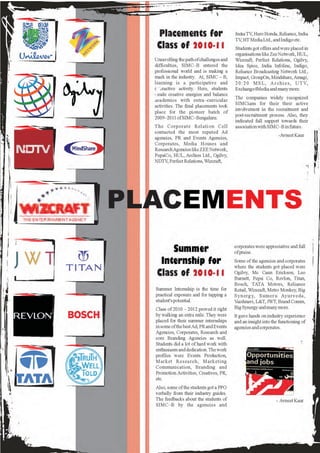 Placements for                          India TV, Hero Honda, Reliance, India
                                           TV, HT Media Ltd., and Indigo etc.
   Class of 2010-11                        Students got offers and were placed in
                                           organisations like Zee Network, HUL,
  Unravelling the path of challenges and   Wizcraft, Perfect Relations, Ogilvy,
  difficulties, SIMC–B entered the         Idea Spice, India Infoline, Indigo,
  professional world and is making a       Reliance Broadcasting Network Ltd.,
  mark in the industry. At, SIMC – B,      Impact, GroupOn, Mindshare, Amagi,
  learning is a participative and          2 0 : 2 0 M S L , A r c h i e s , U T V,
  interactive activity. Here, students     Exchange4Media and many more.
  exude creative energies and balance
                                           The companies widely recognized
  academics with extra–curricular
                                           SIMCians for their their active
  activities. The final placements took
                                           involvement in the recruitment and
  place for the pioneer batch of
                                           post-recruitment process. Also, they
  2009–2011 of SIMC–Bengaluru.
                                           indicated full support towards their
  The Corporate Relation Cell              association with SIMC–B in future.
  contacted the most reputed Ad
                                                                     -Avneet Kaur
  agencies, PR and Events Agencies,
  Corporates, Media Houses and
  Research Agencies like ZEE Network,
  PepsiCo, HUL, Archies Ltd., Ogilvy,
  NDTV, Perfect Relations, Wizcraft,




PLACEMENTS
       Summer                              corporates were appreciative and full
                                           of praise.

    Internship for                         Some of the agencies and corporates
                                           where the students got placed were
   Class of 2010-11                        Ogilvy, Mc Cann Erickson, Leo
                                           Burnett, Pepsi Co, Revlon, Titan,
                                           Bosch, TATA Motors, Reliance
  Summer Internship is the time for        Retail, Wizcraft, Metro Monkey, Big
  practical exposure and for tapping a     S y n e rg y, S u m e r u Ay u r v e d a ,
  student's potential.                     Vaishnavi, L&T, JWT, Brand Comm,
  Class of 2010 – 2012 proved it right     Big Synergy and many more.
  by walking an extra mile. They were      It gave hands on industry experience
  placed for their summer internships      and an insight into the functioning of
  in some of the best Ad, PR and Events    agencies and corporates.
  Agencies, Corporates, Research and
  core Branding Agencies as well.
  Students did a lot of hard work with
  enthusiasm and dedication. The work
  profiles were Events Production,
  Market Research, Marketing
  Communication, Branding and
  Promotion Activities, Creatives, PR,
  etc.
  Also, some of the students got a PPO
  verbally from their industry guides.
  The feedbacks about the students of                              - Avneet Kaur
  SIMC–B by the agencies and
 