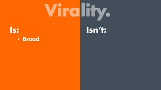 Virality.
Is:
•  Broad
Isn’t:
 