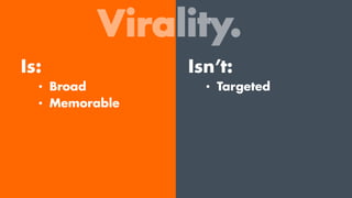 Virality.
Is:
•  Broad
•  Memorable
Isn’t:
•  Targeted
 