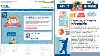 Eaton My IT Empire
Infographics
To be successful, content does not have to “go
viral” in a traditional sense. Instead, brands should
start by defining their business objective, then
deciding how content, the way it’s created and
how it’s distributed meets that objective.
Instead of creating content that is absorbed by the
audience one-way, or simply commented on, Eaton
made the target audience content creators
themselves. An infographic wizard asked
professionals about their IT infrastructure, their
personality and their jobs, then visualized it in a
powerful, shareable infographic.
We increased familiarity with the brand by 34%
and sent them evergreen posters they will be proud
to hang in their offices – generating additional
impressions and top-of mind status.
 
