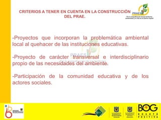 CRITERIOS A TENER EN CUENTA EN LA CONSTRUCCIÓN DEL PRAE.-Proyectos que incorporan la problemática ambiental local al quehacer de las instituciones educativas. -Proyecto de carácter transversal e interdisciplinario propio de las necesidades del ambiente.-Participación de la comunidad educativa y de los actores sociales.