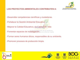 LOS PROYECTOS AMBIENTALES CONTRIBUYEN A:-Desarrollar competencias científicas y ciudadanas.-Fortalecer la Gestión Ambiental Educativa.-Mejorar la Calidad Educativa y la Calidad de Vida-Fomentar espacios de investigación.-Formar seres humanos éticos, responsables de su ambiente.-Promover procesos de producción limpia.