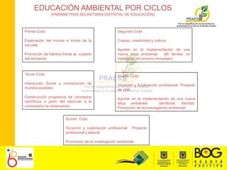 EDUCACIÓN AMBIENTAL POR CICLOS(PARÁMETROS SECRETARIA DISTRITAL DE EDUCACIÓN)Primer Ciclo:Exploración del mundo a través de la escuela.Promoción de hábitos frente al  cuidado del ambiente.Segundo Ciclo:  Cuerpo, creatividad y cultura.Aportar en la implementación de una nueva ética ambiental.  (Mi familia, mi institución, mi entorno inmediato)Tercer Ciclo: Interacción Social y construcción de mundos posibles. Construcción progresiva de conceptos científicos a partir del estímulo a la curiosidad y la observación.Cuarto Ciclo:  Vocación y Exploración profesional: Proyecto de vida. Aportar en la implementación de una nueva ética ambiental.  (territorial, distrital).   Promoción de la investigación ambiental.Quinto  Ciclo: Vocación y exploración profesional:  Proyecto profesional y laboral.Promoción de la investigación ambiental.