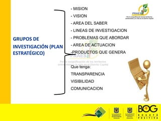 - MISION- VISION- AREA DEL SABER- LINEAS DE INVESTIGACION- PROBLEMAS QUE ABORDAR- AREA DE ACTUACIONPRODUCTOS QUE GENERAQue tenga:TRANSPARENCIAVISIBILIDADCOMUNICACIONGRUPOS DE INVESTIGACIÓN (PLAN ESTRATÉGICO)