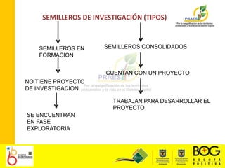 SEMILLEROS DE INVESTIGACIÓN (TIPOS)SEMILLEROS CONSOLIDADOSSEMILLEROS EN FORMACIONCUENTAN CON UN PROYECTONO TIENE PROYECTO DE INVESTIGACION.TRABAJAN PARA DESARROLLAR EL PROYECTOSE ENCUENTRAN EN FASE EXPLORATORIA