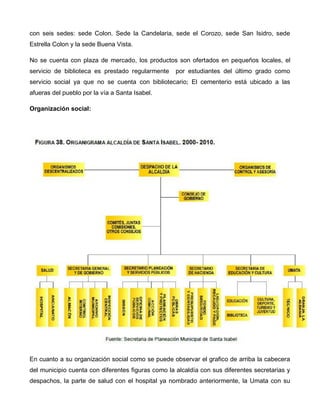 con seis sedes: sede Colon. Sede la Candelaria, sede el Corozo, sede San Isidro, sede
Estrella Colon y la sede Buena Vista.
No se cuenta con plaza de mercado, los productos son ofertados en pequeños locales, el
servicio de biblioteca es prestado regularmente por estudiantes del último grado como
servicio social ya que no se cuenta con bibliotecario; El cementerio está ubicado a las
afueras del pueblo por la vía a Santa Isabel.
Organización social:
En cuanto a su organización social como se puede observar el grafico de arriba la cabecera
del municipio cuenta con diferentes figuras como la alcaldía con sus diferentes secretarias y
despachos, la parte de salud con el hospital ya nombrado anteriormente, la Umata con su
 