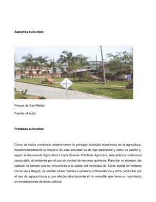 Aspectos culturales
Parque de San Rafael
Fuente: el autor
Prácticas culturales:
Como se había nombrado anteriormente la principal actividad económica es la agricultura,
desafortunadamente la mayoría de esta actividad es de tipo tradicional y como es sabido y,
según el documento Agricultura Limpia Buenas Prácticas Agrícolas, esta práctica tradicional
causa daño al ambiente por el uso sin control de insumos químicos. Para dar un ejemplo, los
cultivos de tomate que se encuentran a la salida del municipio de Santa Isabel en linderos
con la vía a Ibagué, se sienten olores fuertes a venenos o fitosanitarios y otros productos por
el uso de agroquímicos y que afectan directamente el rio venadillo que tiene su nacimiento
en inmediaciones de estos cultivos.
 