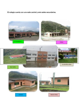 El colegio cuenta con una sede central y seis sedes secundarias.
La Candelaria Colon
San Isidro
La estrella colon
Buena VistaCorozo
 
