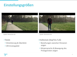 Einstellungsgrößen
29
›Totale
• Orientierung & Überblick
• Oft Einstiegsbild
›Halbtotale (Kopf bis Fuß)
• Beziehungen zwischen Personen
zeigen
• Körpersprache & Bewegung des
Protagonisten zeigen
Quelle: filmmachen.de Quelle: filmmachen.de
 